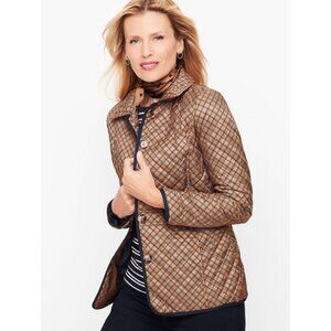 Talbots Quilted Lightweight Jacket Chain Print Sz M Tan Gold Equestrian Womens